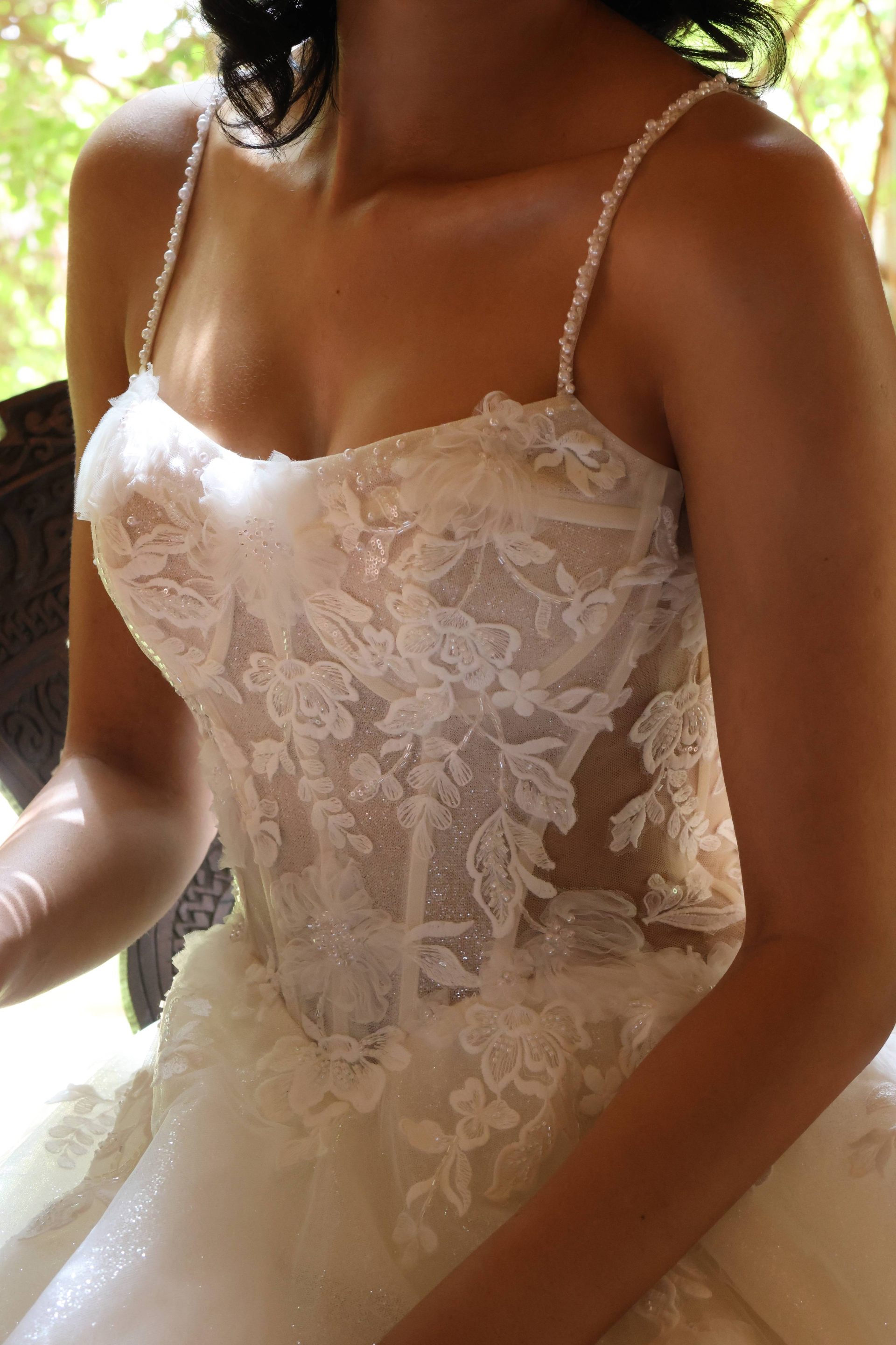 robe de mariée, bustier; princesse, évasée, tulle pailletée